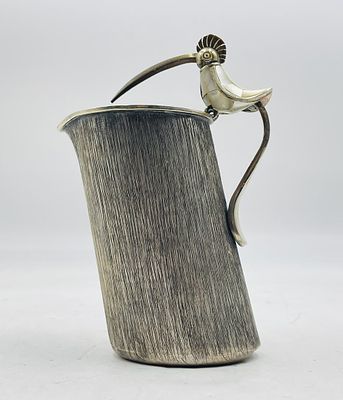 Los Castillo Silver Plate Pitcher with Inlaid Bird Handle, Mexican Modernist Design. Striking
