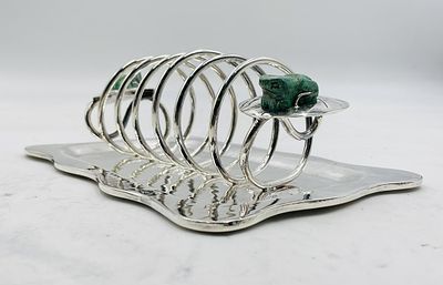Emilia Castillo Silver Plate & Malachite Frog Desk Organizer, Hand-Signed, Mexican Modernist. Cha