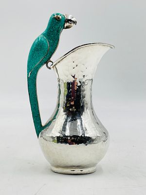 Mexican Silver Plate Water Pitcher with Crushed Turquoise Parrot Handle, Taxco Modernist. Whimsic