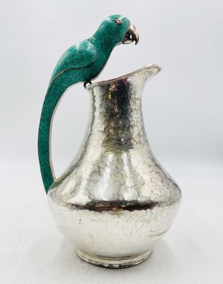 Monumental Water Pitcher in Silver Plate & Crushed Turquoise by Alfredo Villasana, Mexico 1950s.
