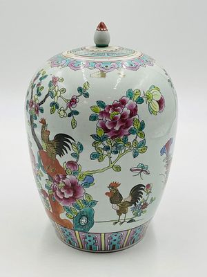 Famille Rose Chinoiserie Pink Ginger Jar Vase Urn. Large antique colorfully enameled Chinese 