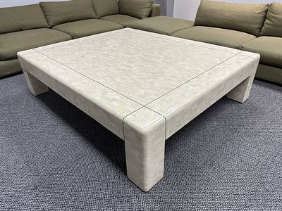 Monumental Coffee Table in Tessellated Stone & Brass by Karl Springer, Signed. Monumental coffee 