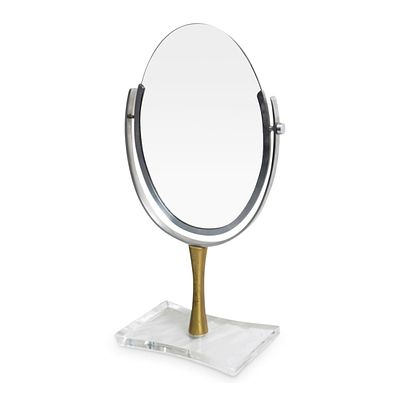 Charles Hollis Jones Dual Sided Vanity Mirror On Lucite Base, USA 1960's. Stunning dual sided 