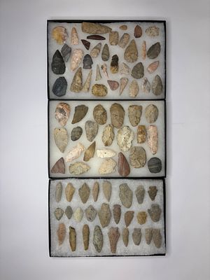 3 Frames of Miscellaneous Arrowheads. Three display frames contain an assortment of flaked-stone 