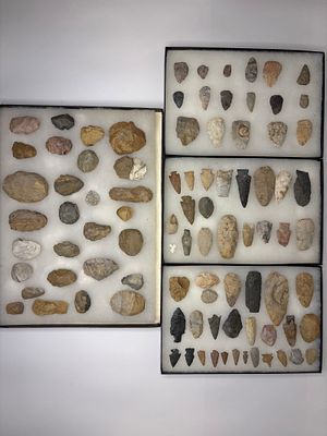 4 Frames of Arrowheads. Four framed cases containing flaked-stone arrowheads and larger bifacial 