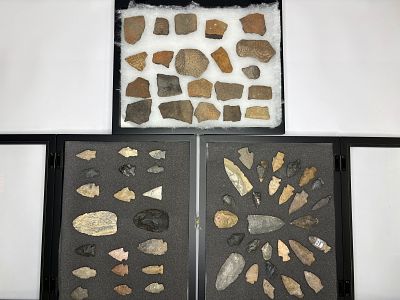 3 Frames of Miscellaneous Arrowheads and Pottery. Assortment of knapped stone projectile points 