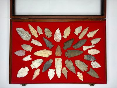 Nice Vintage Frame of Arrowheads. Flaked stone projectile points representing Paleo-Archaic and 
