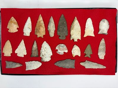 Diverse Frame of Flint Arrowheads. Assortment of flint and chert projectile points and fragments 