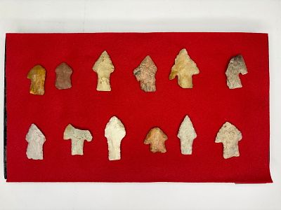 12 Used Calf Creek Points. Twelve Calf Creek points in a range of chert and flint hues including 