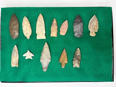 Colorful Frame of Midwestern Points. Assorted flaked stone projectile points in a variety of 