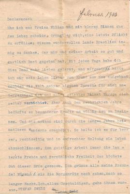 נדיר! שטפן (סטפן) צוויג Stefan Zweig - מכתב חשוב שנכתב על ערש דווי ימים ספורים לפני מותו 