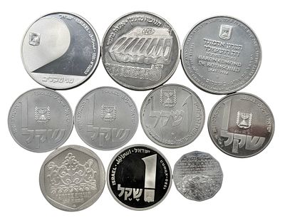 לוט 10 מטבעות ומדליות כסף 850 בהוצאת החברה הממשלתית למדליות ולמטבעות . משקל כולל: 180.7 גרם