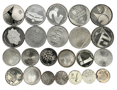לוט 23 מטבעות ומדליות כסף 850 בהוצאת החברה הממשלתית למדליות ולמטבעות . משקל כולל: 439.8 גרם