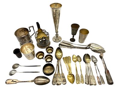 לוט כלי כסף רוסים אימפריאלים 84 / סובייטים 875 / קווקז כולל עבודות ניילו, כפית מתוצרת פבל 