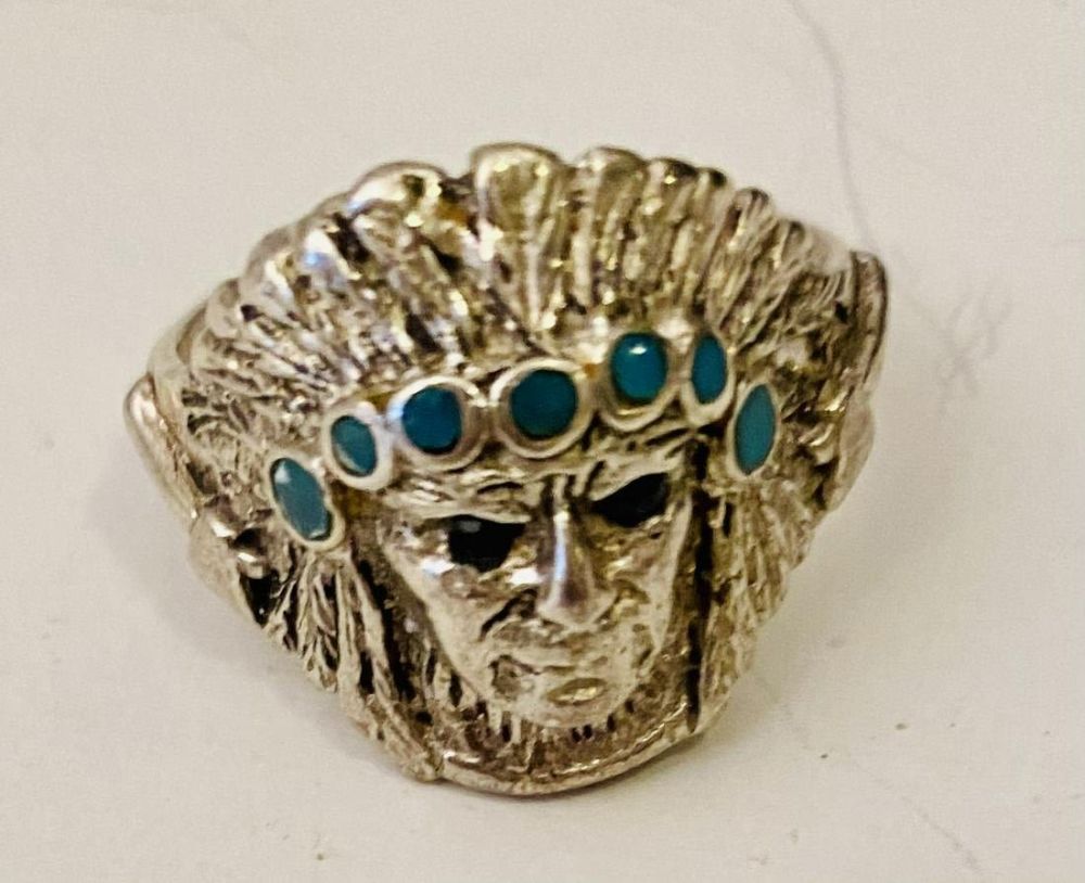 Lot 234: Sterling American Indian chief ring sapphire eyes