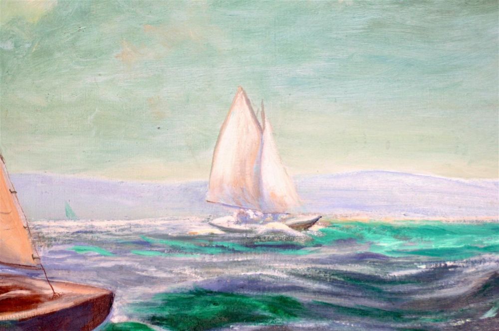 Lot 433: Vintage nautical oil painting ship at sea