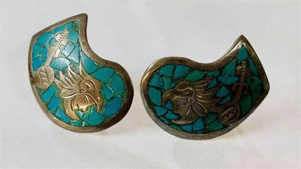Lot 450: Mexican sterling turquoise inlaid earrings