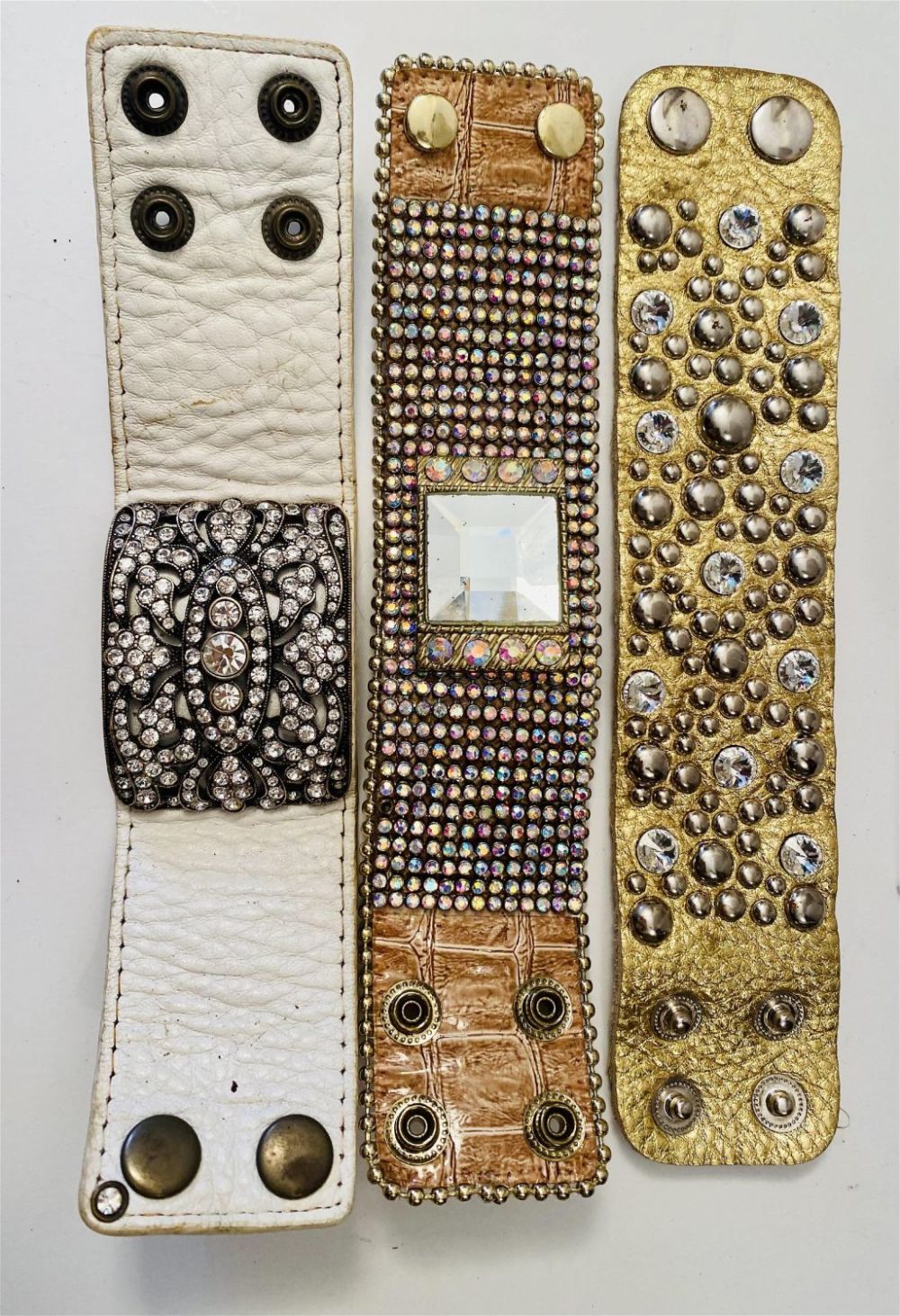 Lot 452: 3 vintage leather rhinestone bracelets