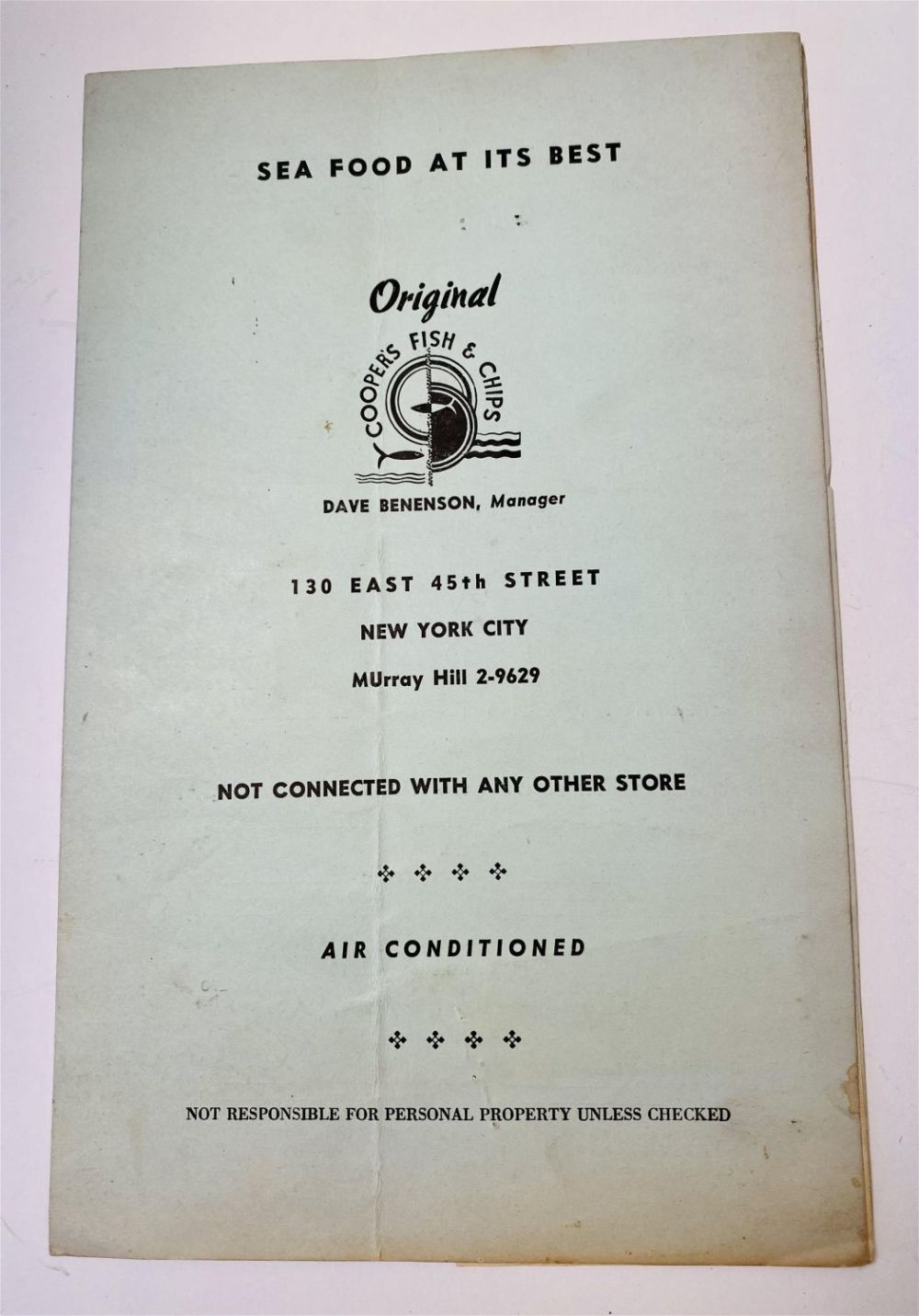 Lot 455: NYC restuarant menu Coopers Seafood
