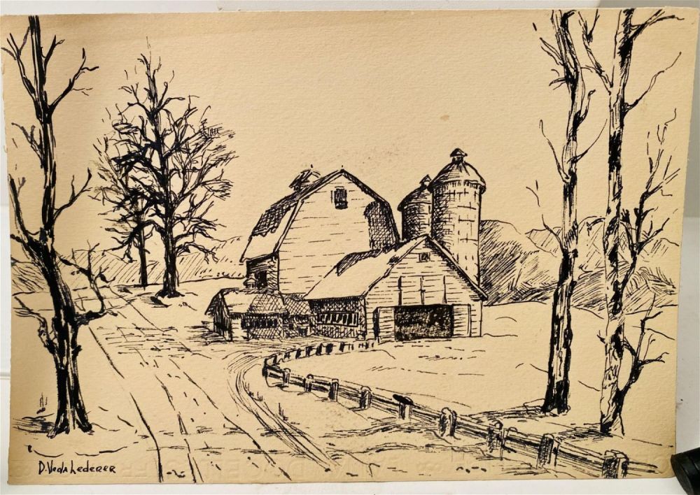 Lot 173: Signed drawing farm in winter