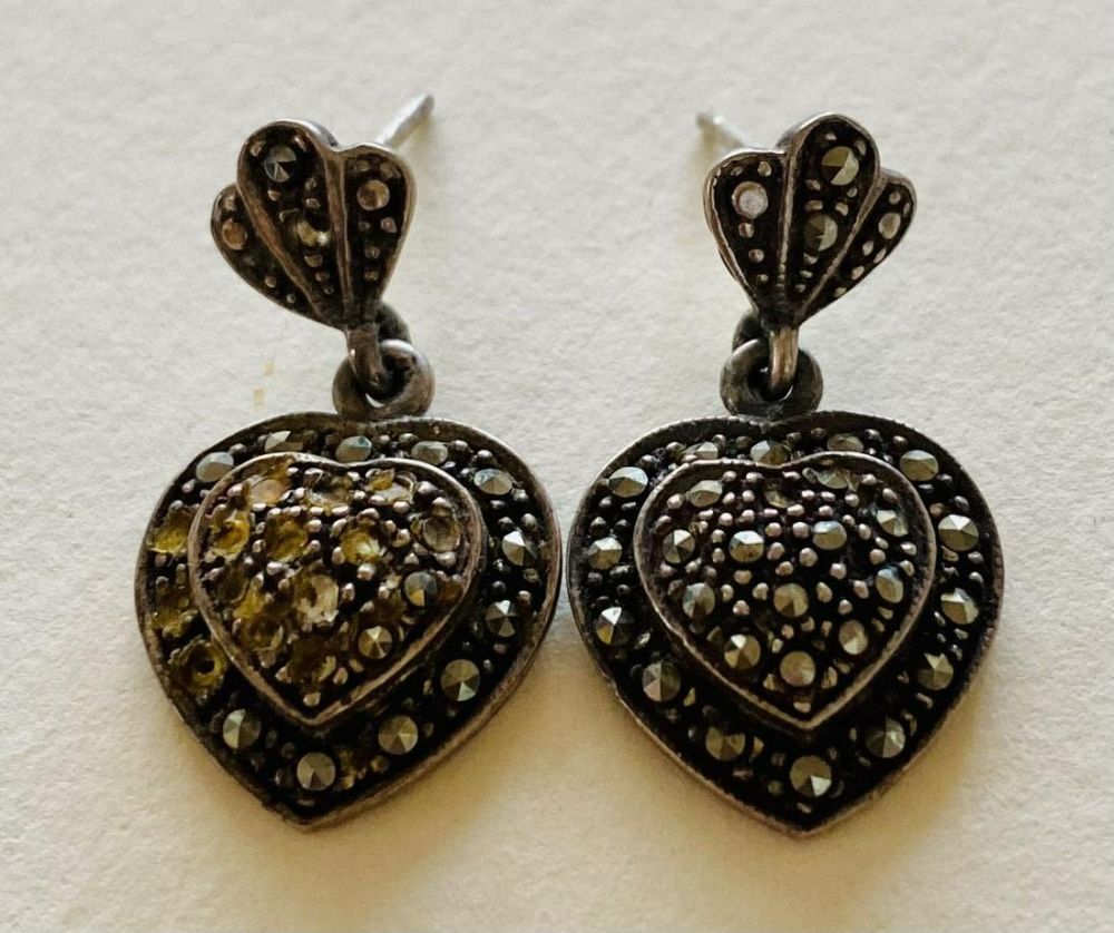 Lot 211: Heart sterling marcasite earrings