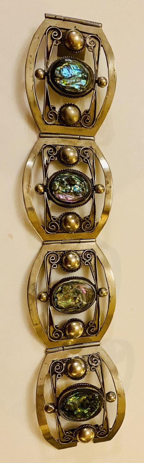 Lot 385: Sterling abalone antique bracelet signed.