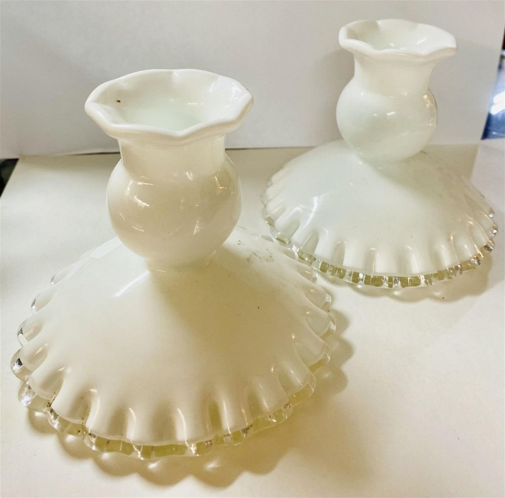 Lot 411: Fenton Milk glass candlesticks