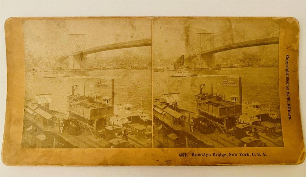 Lot 351: Stereoview card of Brooklyn Bridge NY 1888