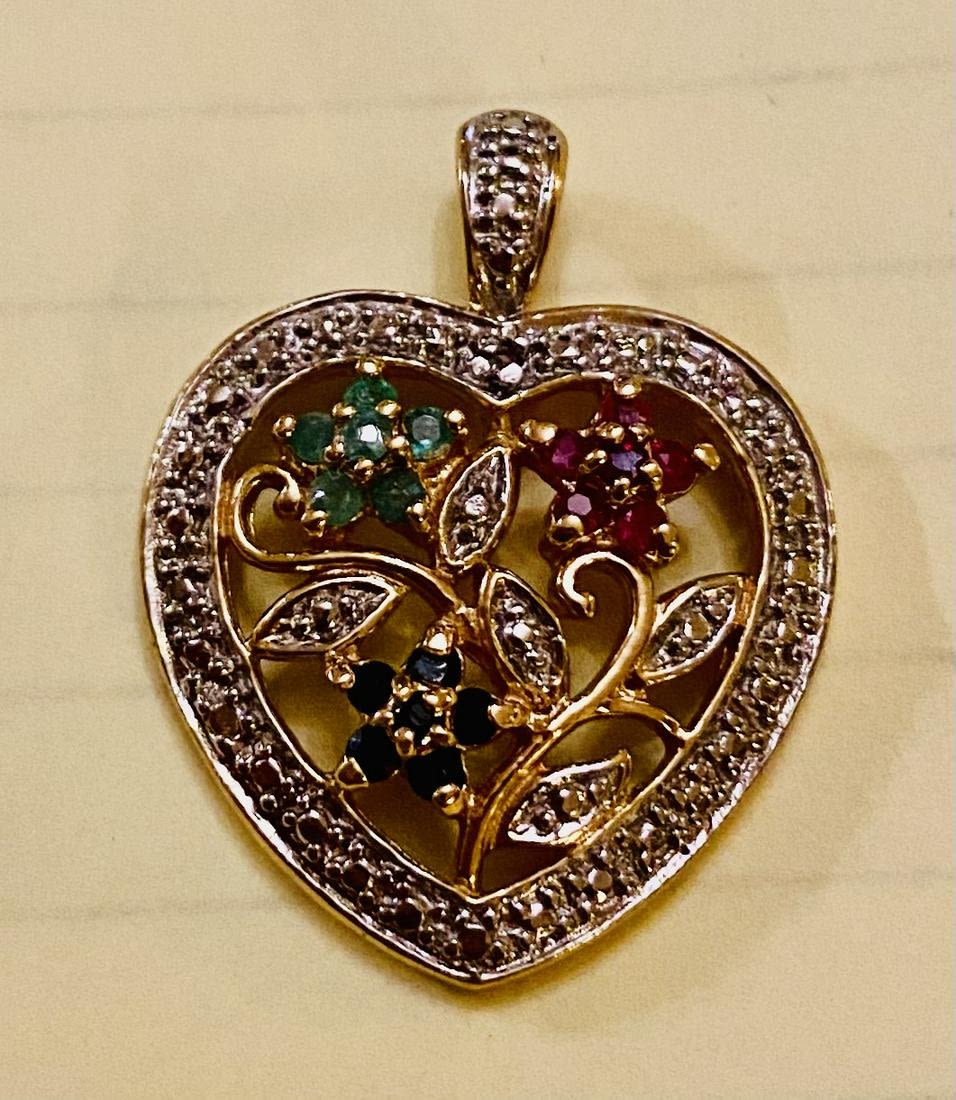 Lot 240: Vermeil heart emerald, ruby, sapphire pendant