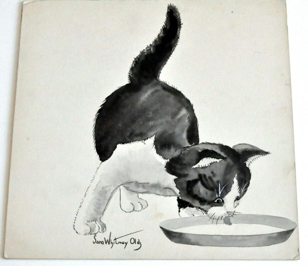 Lot 333: Sara Whitney Olds watercolor cat vintage