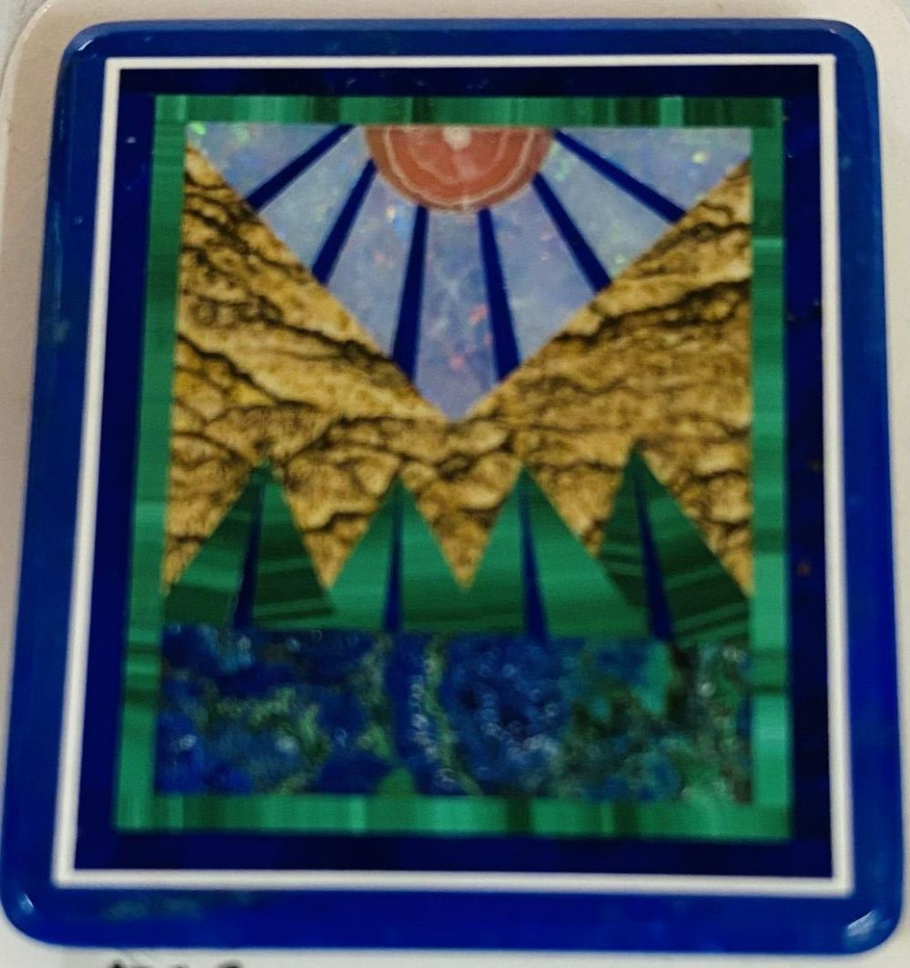 Lot 367: Inlaid gemstone rectangle scene/sun