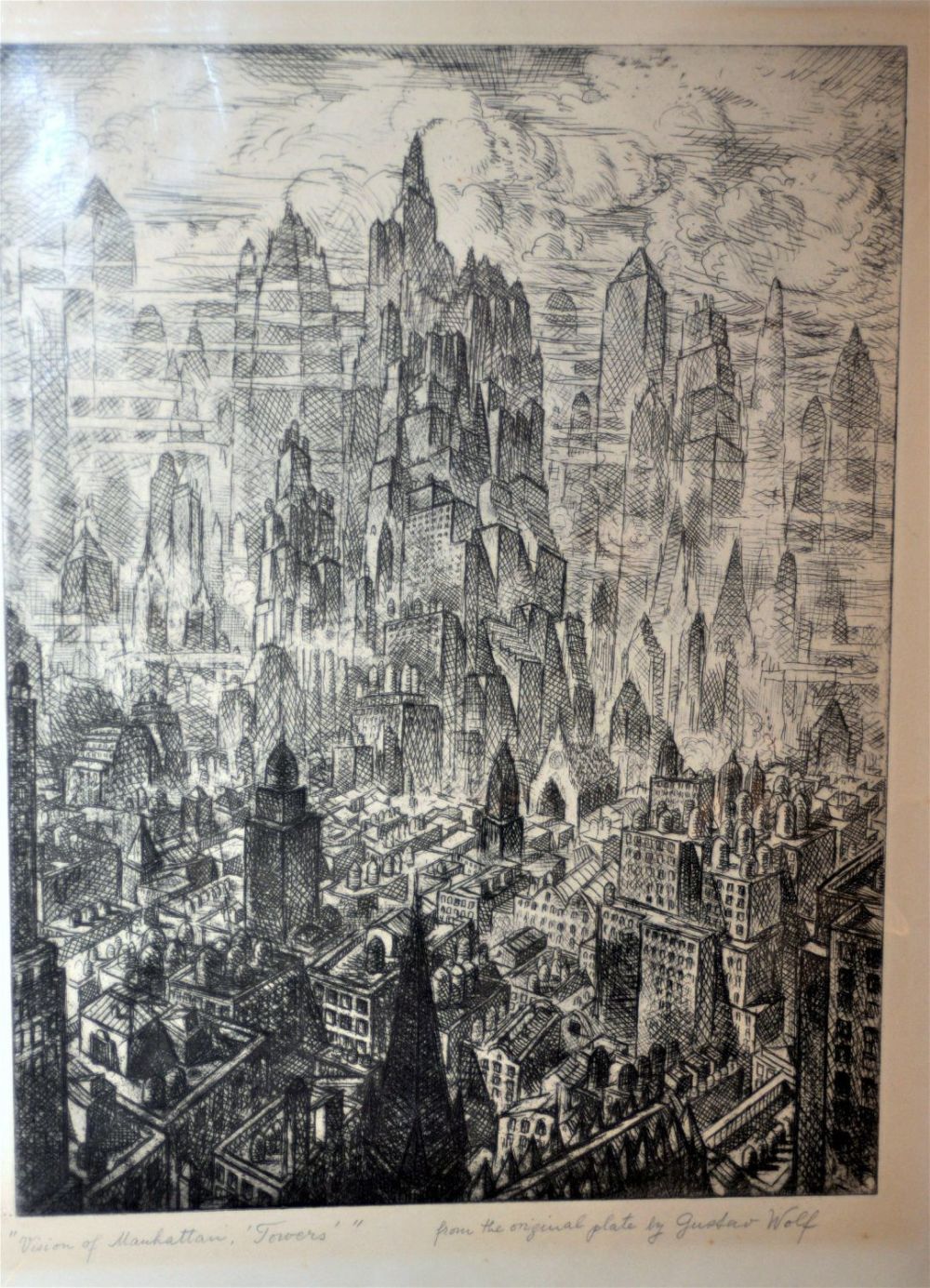 Lot 379: Gustav Wolf etching, Manhattan Towers