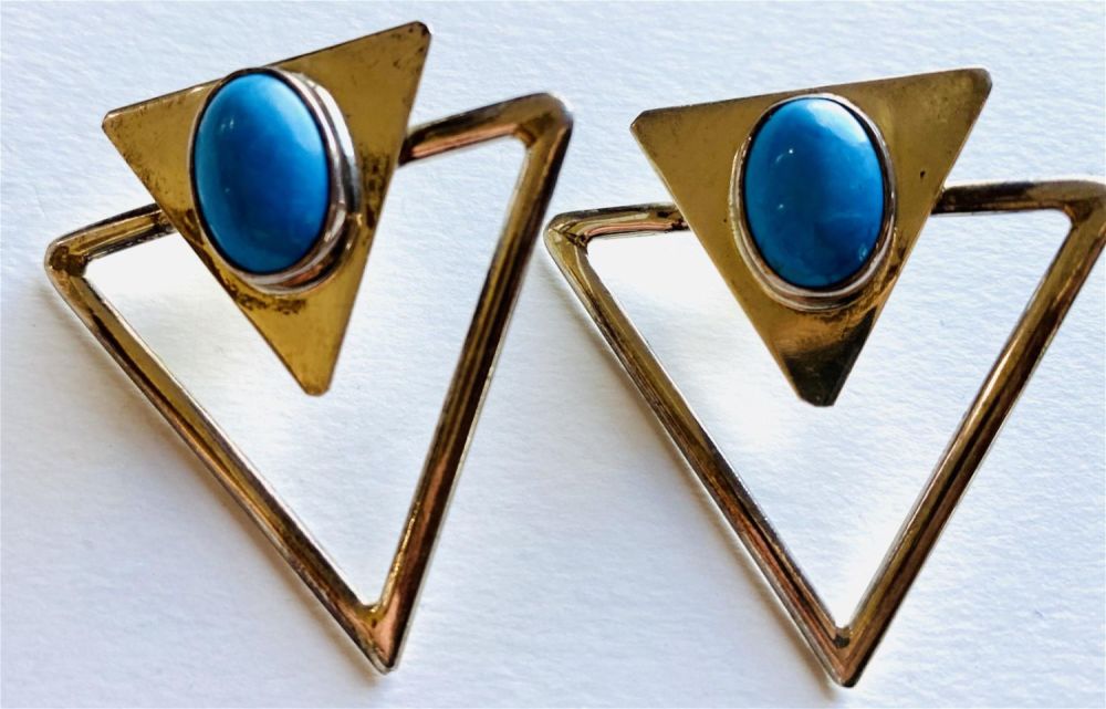 Lot 390: Sterling turquoise triangle earrings
