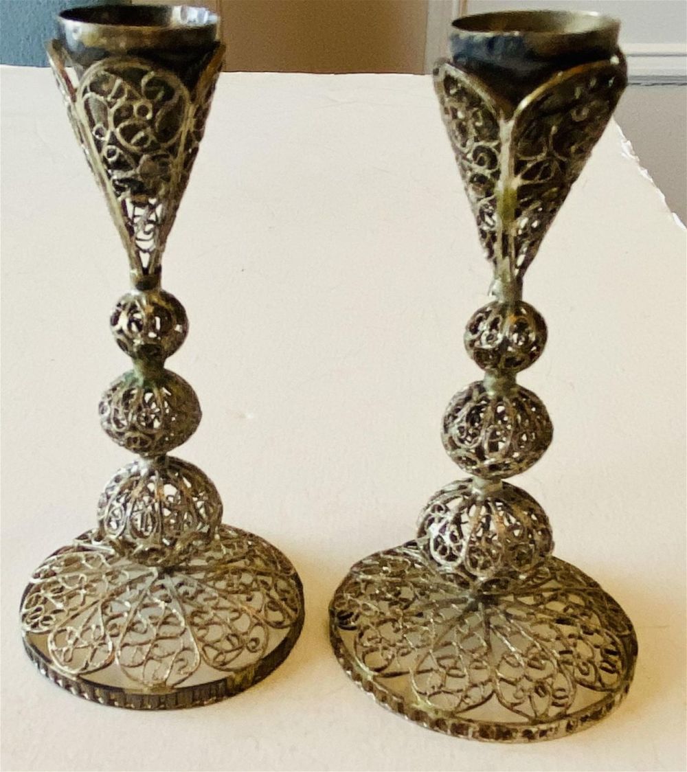 Lot 184: Filigree silver miniature candlesticks antique