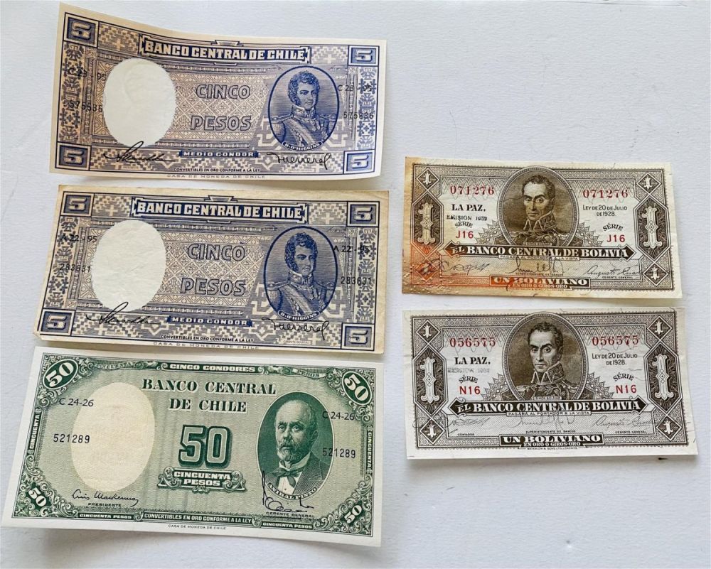 Lot 239: Paper vintage notes- Chile, Bolivia