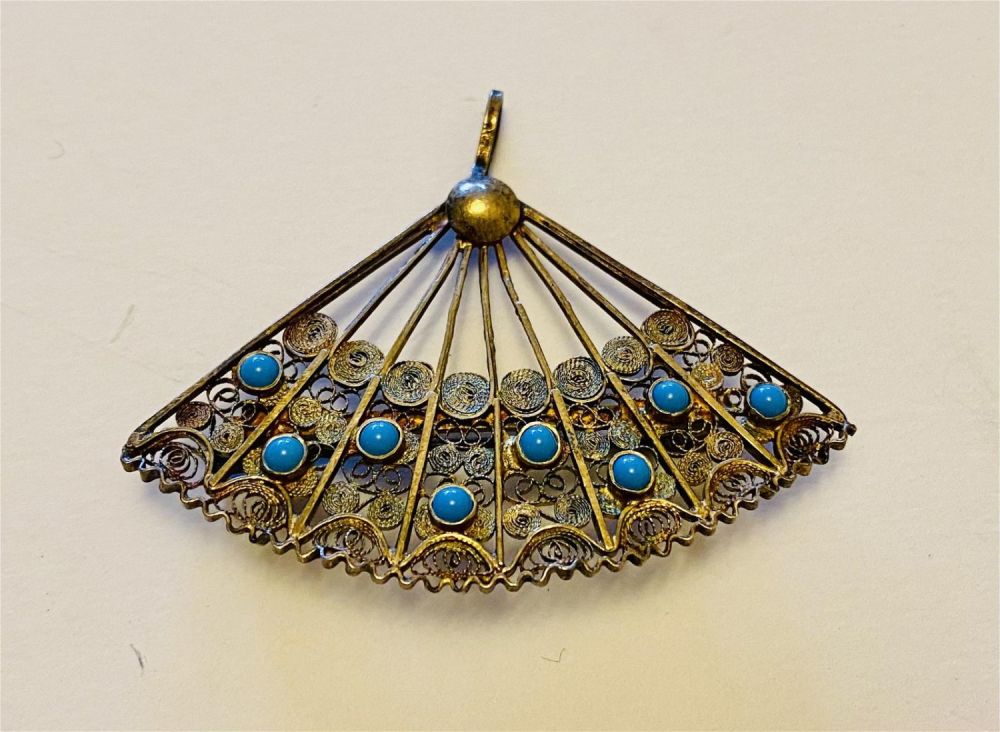 Lot 216: Turquoise filigree sterling pendant /fan