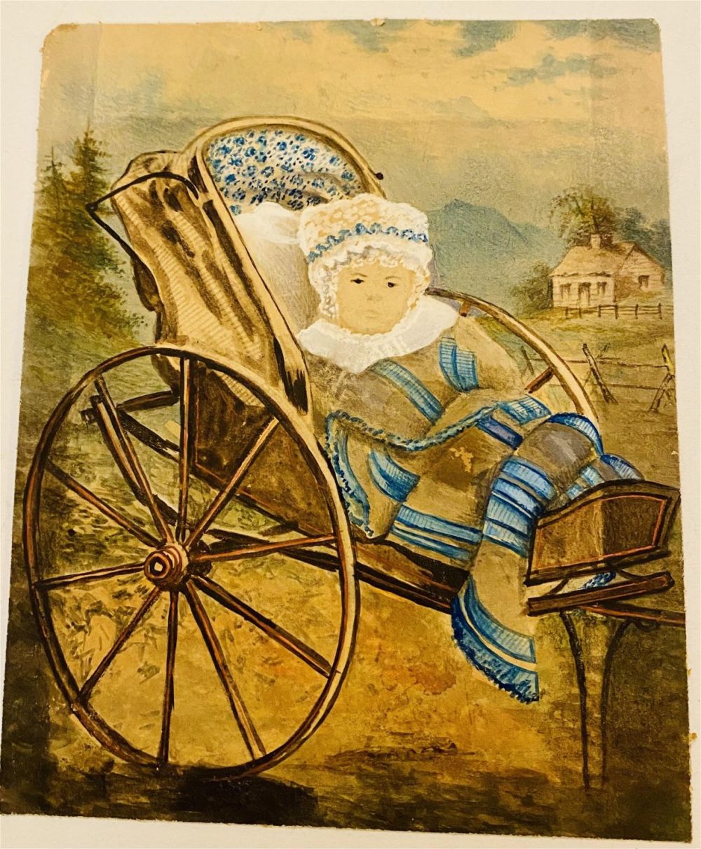 Lot 336: Watercolor 19th c baby in carriage signed
