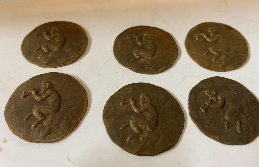 Lot 325: Six brass copper pan round coins/medals