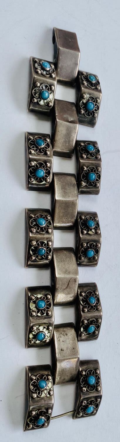 Lot 378: Sterling turquoise Mexican bracelet wide