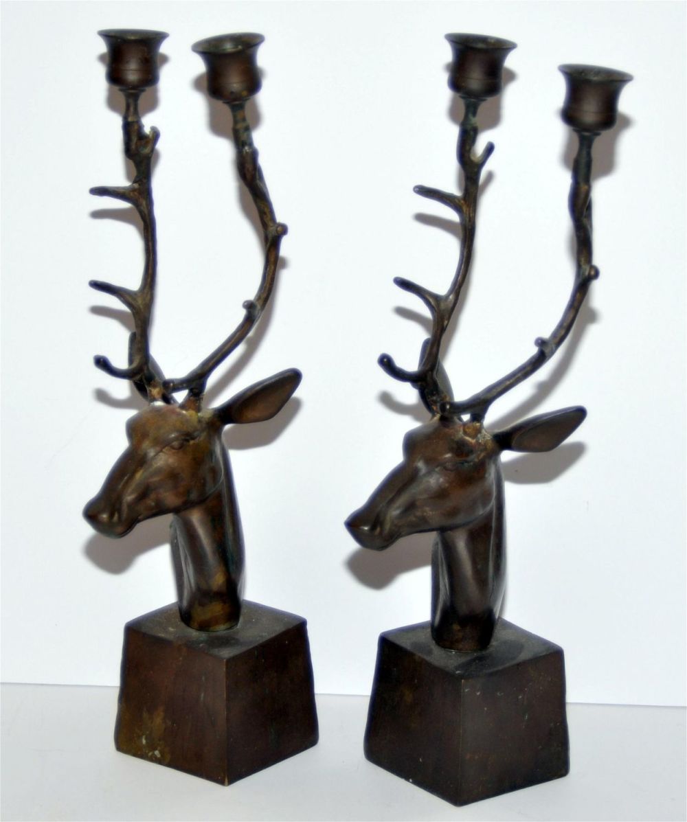Lot 461: Deer antler bronze candlestick pair