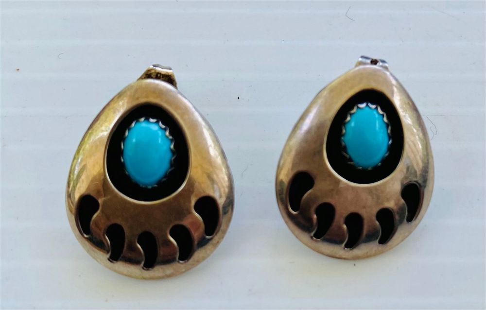 Lot 89: Sterling bear paw turquoise Indian style earrings