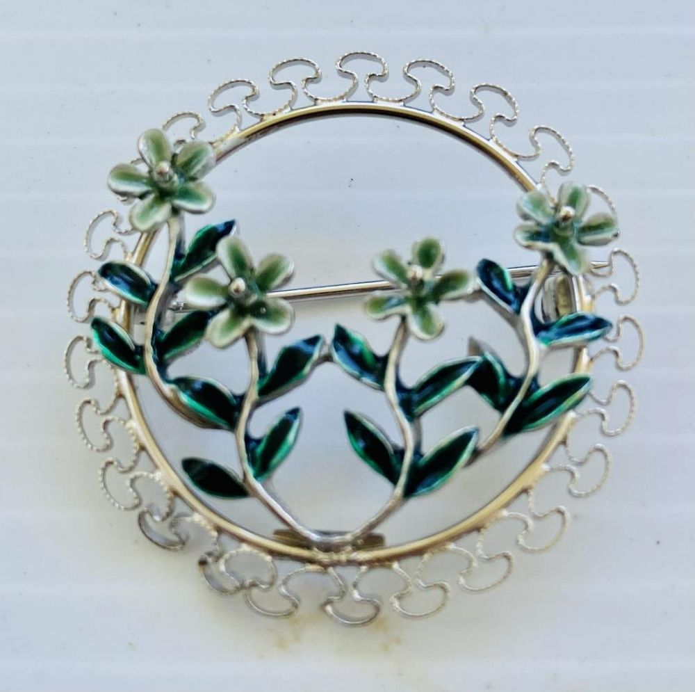 Lot 312: Beau sterling enamel flower pin vintage