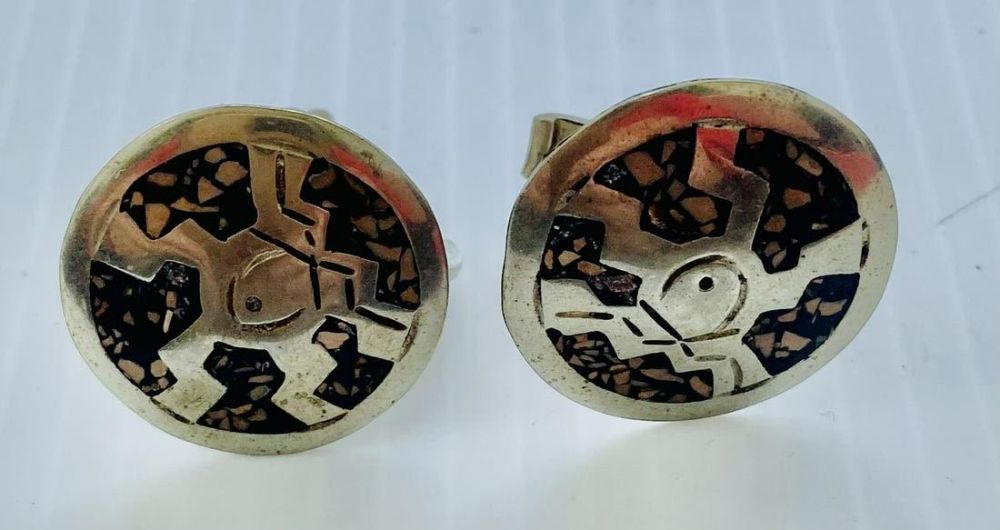 Lot 334: Abalone vintage sterling cufflinks signed.