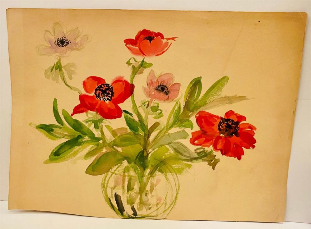 Lot 404: Watercolor still life flowers/vase