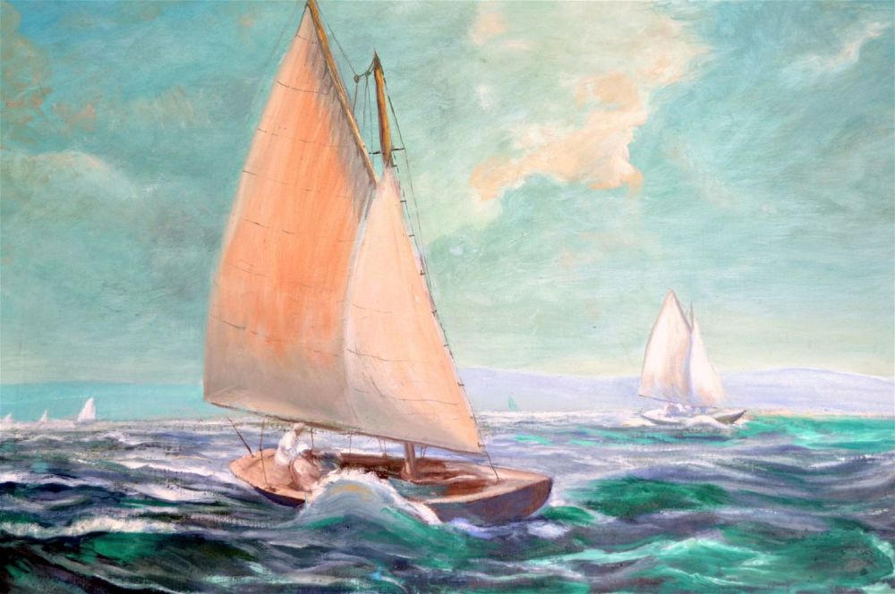 Lot 431: Nautical oil painting of ship
