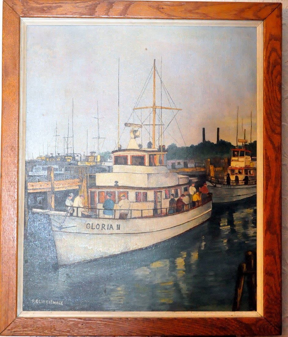 Lot 503: Framed oil painting fishing ship vintage