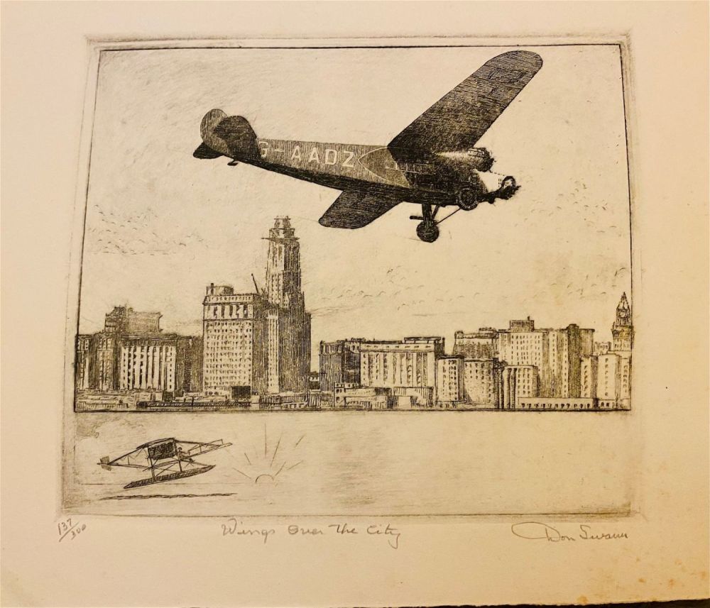 Lot 436: Don Swann Wings over the city etching