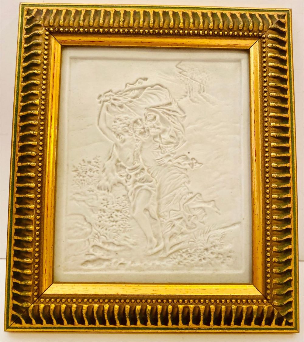 Lot 277: Framed antique lithopane of woman in flowing dress