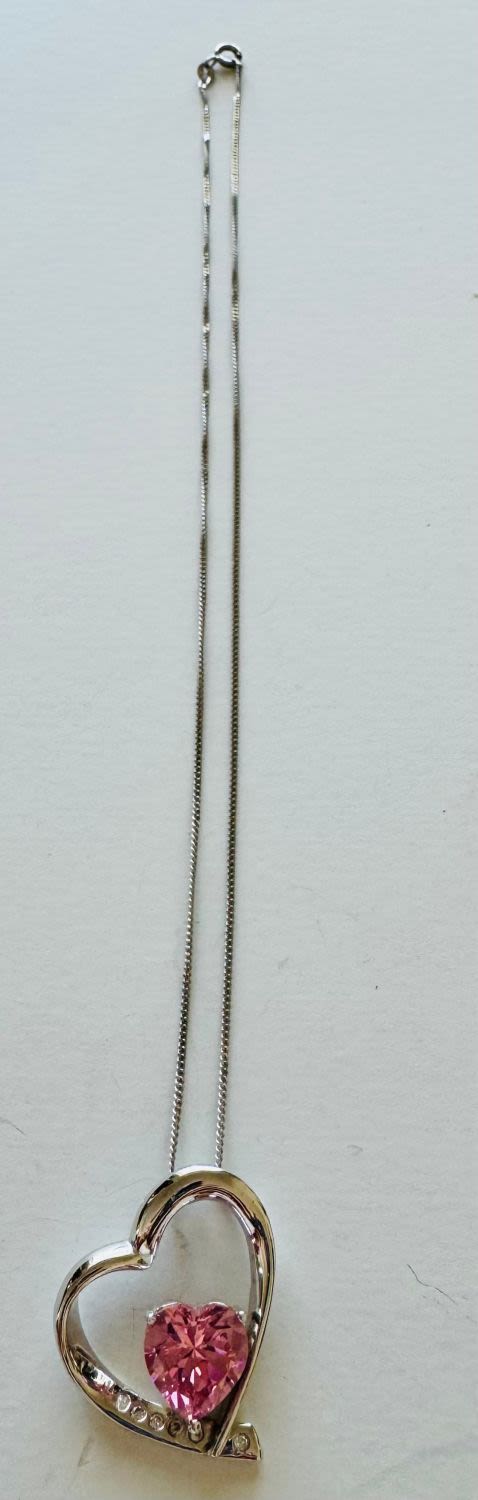 Lot 195: Heart sterling necklace/pink heart stone