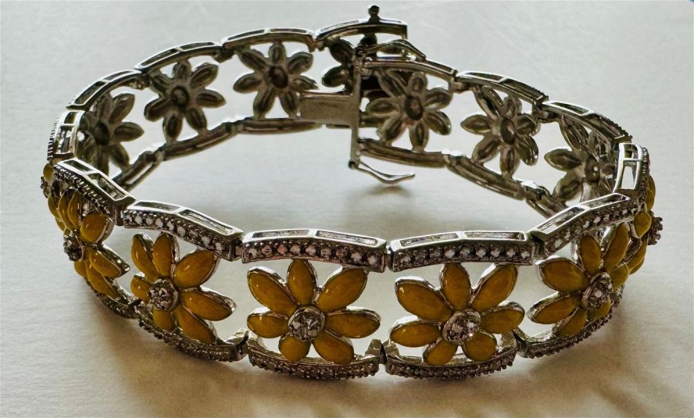 Lot 3: Sterling filigree bracelet enamel yellow daisies